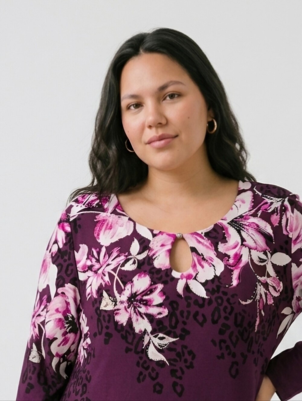 JM Collection Women's Purple Floral Keyhole Tunic Top 3/4 Sleeves - Picture 5 of 10